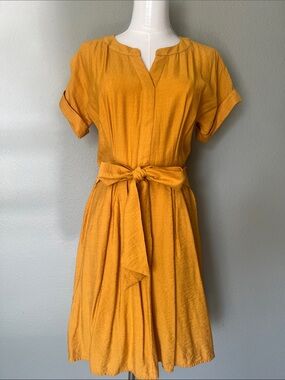 Vera Wang Mustard Short-Sleeve Tie-Waist Midi Dress